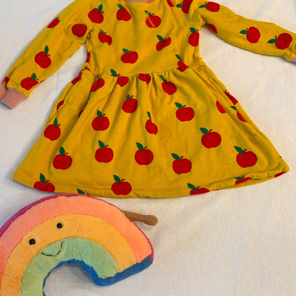 Mini Boden 5-6 Yellow Apple Print sweater Dress